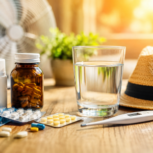 un verre d'eau, un chapeau de soleil et une boite de médicaments