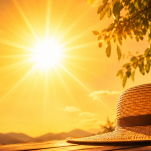 un soleil qui brille à l'horizon, un chapeau de paille en 1er plan
